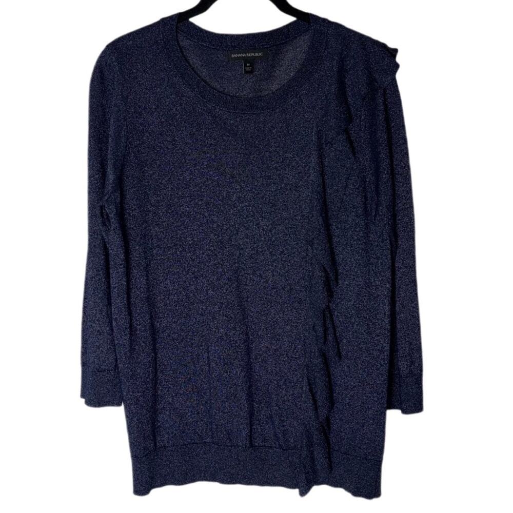 Banana Republic Sweater Women's medium Shine Ruffle Pullover Crewneck Navy Blue